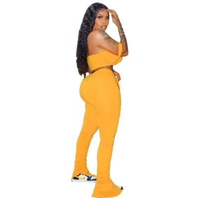 Women Sexy Night Out Sleeveless Solid Color Crop Tank Top And Drawstring Waist Side-Slit Pants Set