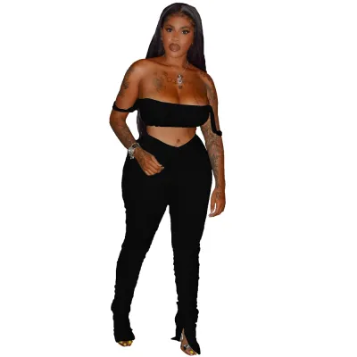 Women Sexy Night Out Sleeveless Solid Color Crop Tank Top And Drawstring Waist Side-Slit Pants Set