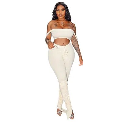 Women Sexy Night Out Sleeveless Solid Color Crop Tank Top And Drawstring Waist Side-Slit Pants Set