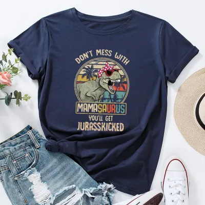 Women Casual Loose Round Neck Short Sleeve Colored Graphic Printed T-shirt