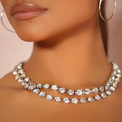 Women's Double Layer Rhinestone Alloy Multilayer Choker Necklace Geometric Ball Chain