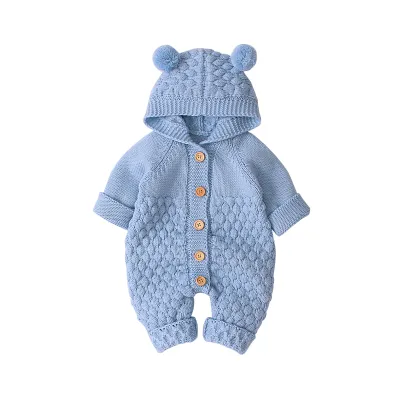 Baby Cute Solid Color Single-breasted Warm Knitted One-piece Jumpsuit
