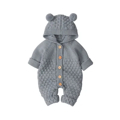 Baby Cute Solid Color Single-breasted Warm Knitted One-piece Jumpsuit