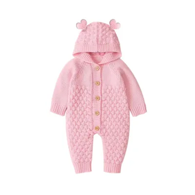 Baby Cute Solid Color Single-breasted Warm Knitted One-piece Jumpsuit
