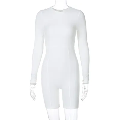 Women Athleisure Basic Solid Color Long Sleeve Rib Knit Round Neck Rompers