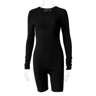 Women Athleisure Basic Solid Color Long Sleeve Rib Knit Round Neck Rompers