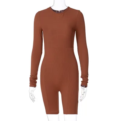 Women Athleisure Basic Solid Color Long Sleeve Rib Knit Round Neck Rompers