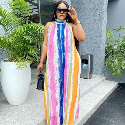 Women Plus Size Summer Vacation Bohemia Sleeveless Color Blocking Loose Wide Leg Jumpsuits