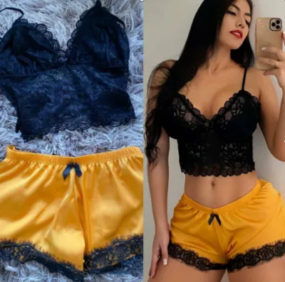 Women Sexy Lace Camisole And Color Blocking Shorts Pajamas Set