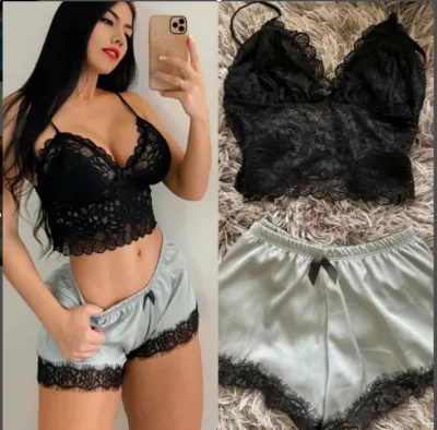 Women Sexy Lace Camisole And Color Blocking Shorts Pajamas Set
