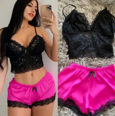 Women Sexy Lace Camisole And Color Blocking Shorts Pajamas Set