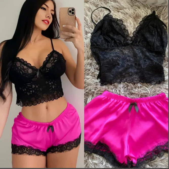 Women Sexy Lace Camisole And Color Blocking Shorts Pajamas Set