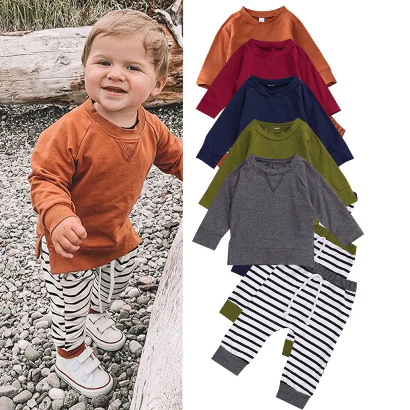 Boys Casual Round Neck Long Sleeve Solid Color Sweatshirt And Stripe Sweatpants Set