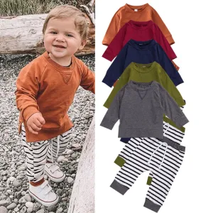 Boys Casual Round Neck Long Sleeve Solid Color Sweatshirt And Stripe Sweatpants Set