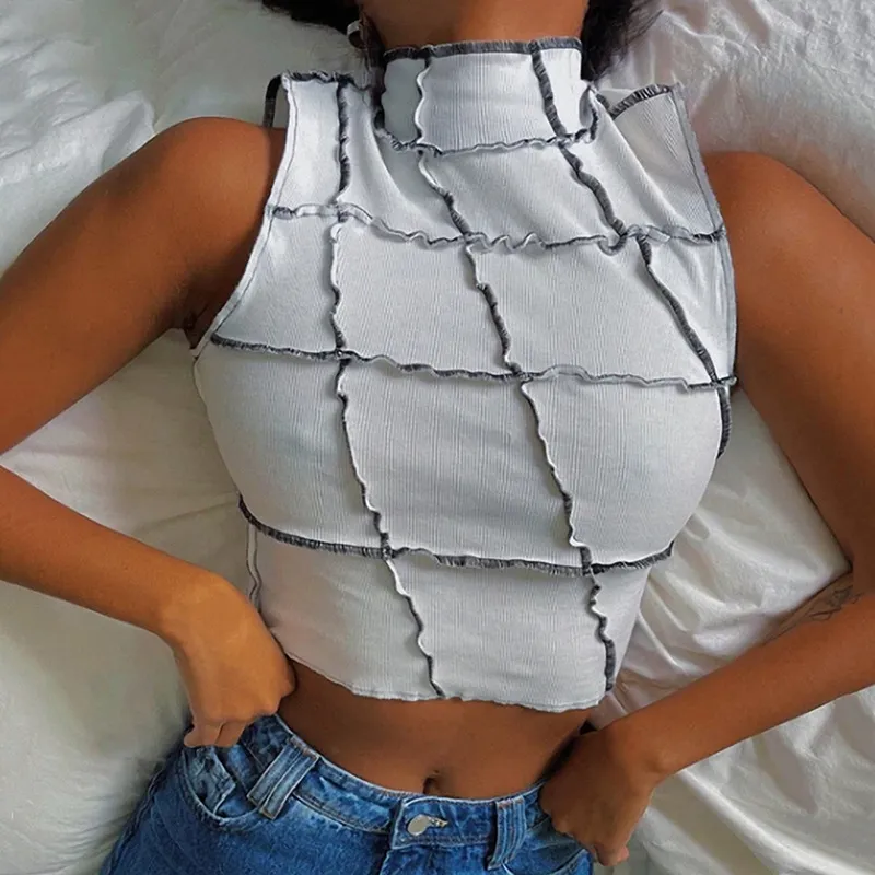 Women Edgy Patchwork Sleeveless Crop Tank Top