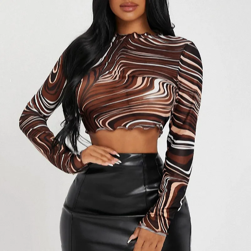 Women Sexy Mesh See-through Long-sleeved Round Neck Crop Top