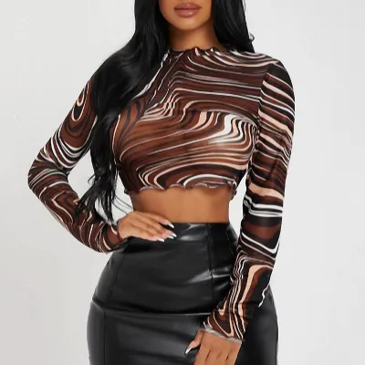 Women Sexy Mesh See-through Long-sleeved Round Neck Crop Top