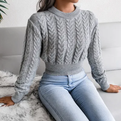 Women Winter Solid Color Knitted Crop Top Long Sleeve Round Neck Sweater