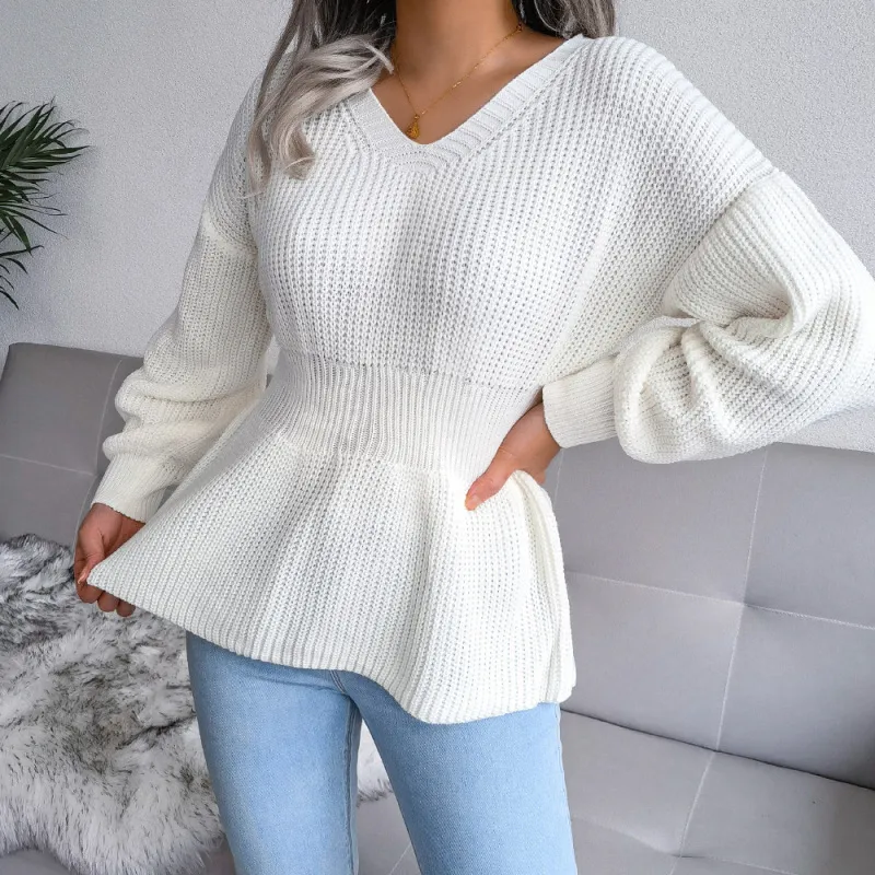 Women Autumn Casual Long Puff Sleeve Solid Color V Neck Knitted Sweater