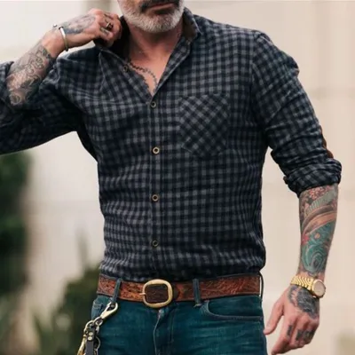 Men Casual Long Sleeve Lapel Single-breasted Pocket Design Plaid Printed Shirt