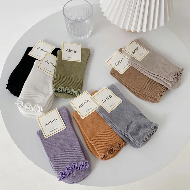 Women Simple Stringy Selvedge Design Solid Color Breathable Cotton Socks