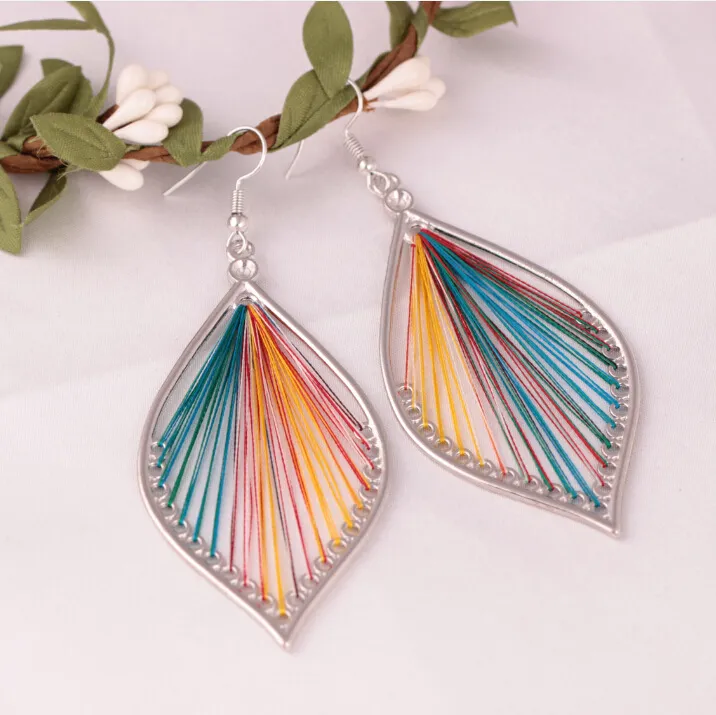 Bohemian Drop Shape Geometric Pendant Design Silk Thread Decoration Alloy Drop Earrings