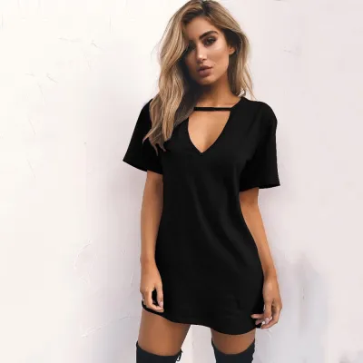 Women Casual Basic V Neck Short Sleeve Loose Mini Dress