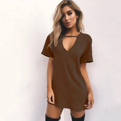 Women Casual Basic V Neck Short Sleeve Loose Mini Dress