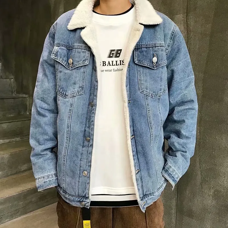 Men Winter Fleece Lined Thick Denim Jacket Lapel Single Breasted Pocket Design
