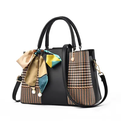 Women Vintage Silk Scarf Solid Color Houndstooth Large Capacity Shoulder Handle PU Tote Bag