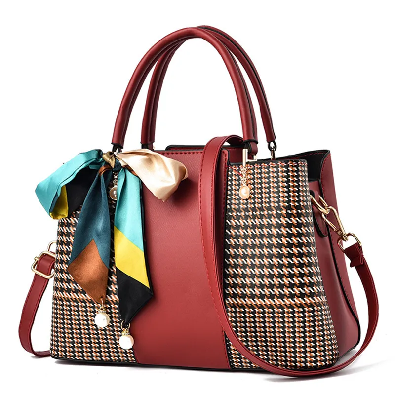 Women Vintage Silk Scarf Solid Color Houndstooth Large Capacity Shoulder Handle PU Tote Bag