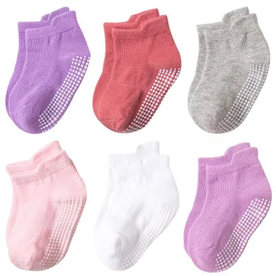 6pairs/set Kids Simple Solid Color Non-slip Cotton Socks Unisex Short Barrel