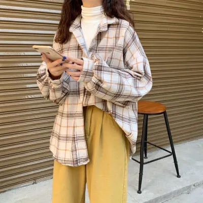 Women Casual Plaid Long-sleeved Loose Lapel Shacket