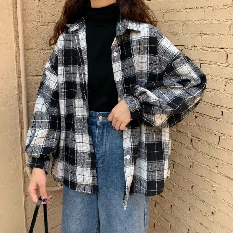 Women Casual Plaid Long-sleeved Loose Lapel Shacket