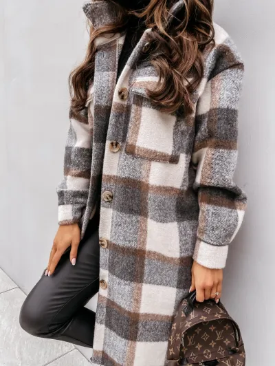 Women Autumn Casual Long Sleeve Plaid Lapel Single-Breasted Color Blocking Over Coat Shacket