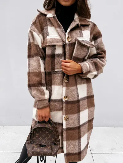 Women Autumn Casual Long Sleeve Plaid Lapel Single-Breasted Color Blocking Over Coat Shacket