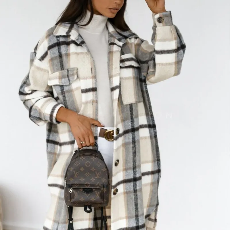 Women Autumn Casual Long Sleeve Plaid Lapel Single-Breasted Color Blocking Over Coat Shacket