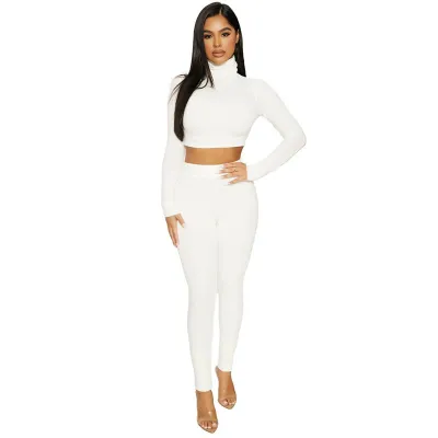 Women Athleisure Solid Color Turtle Neck Long Sleeve Crop Top And Bodycon Pants Set