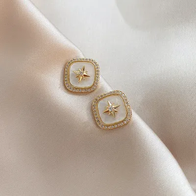 Vintage Square Hexagonal Star Pattern Rhinestone Decorative Alloy Stud Earrings