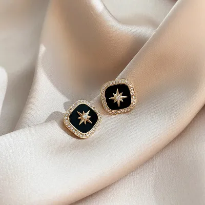 Vintage Square Hexagonal Star Pattern Rhinestone Decorative Alloy Stud Earrings
