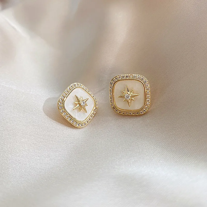 Vintage Square Hexagonal Star Pattern Rhinestone Decorative Alloy Stud Earrings