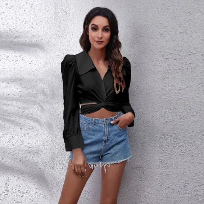 Women Elegant Office Work Solid Color Long Puff Sleeve Bandage Lapel Chiffon Blouse