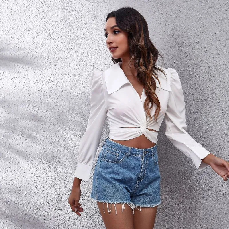 Women Elegant Office Work Solid Color Long Puff Sleeve Bandage Lapel Chiffon Blouse
