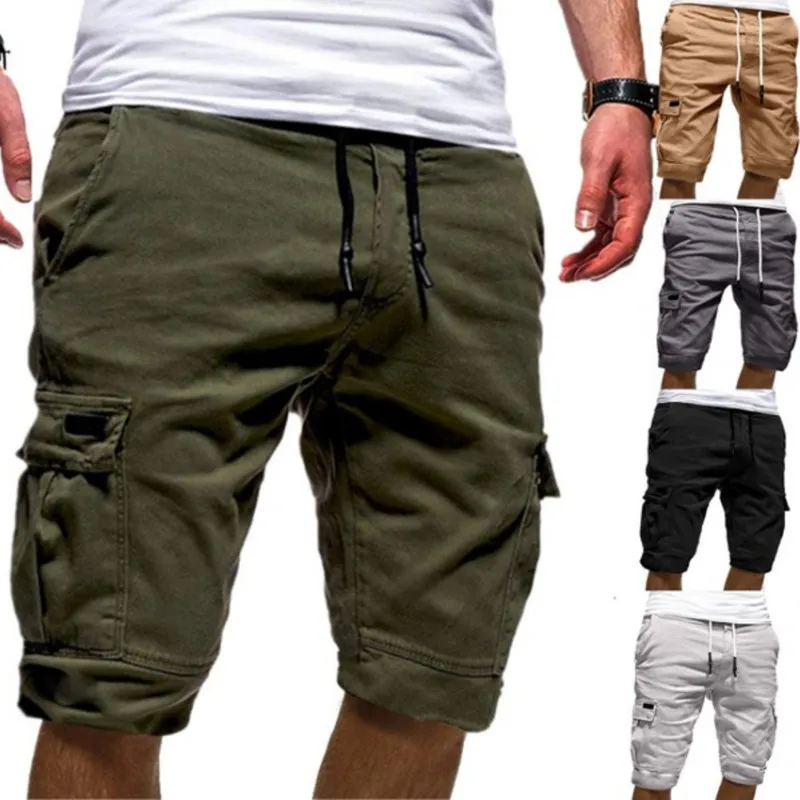Men Basic Mid Waist Drawstring Pocket Cargo Shorts