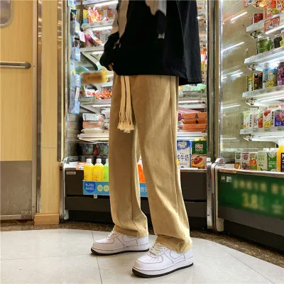 Men Basic Mid Waist Drawstring Solid Color Loose Corduroy Straight Wide Leg Trousers