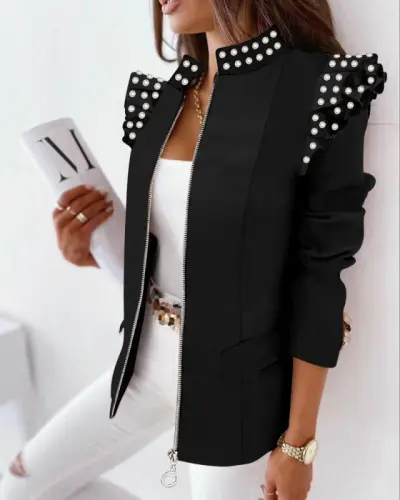 Women Autumn Ruffled Long-sleeved Stand Collar Zipper Print Shacket Blazer