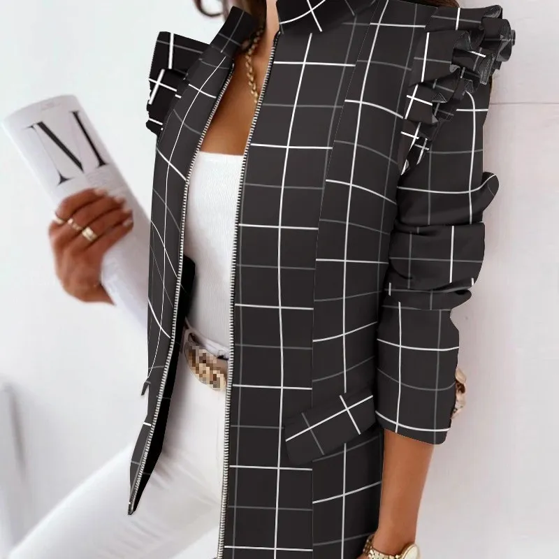 Women Autumn Ruffled Long-sleeved Stand Collar Zipper Print Shacket Blazer