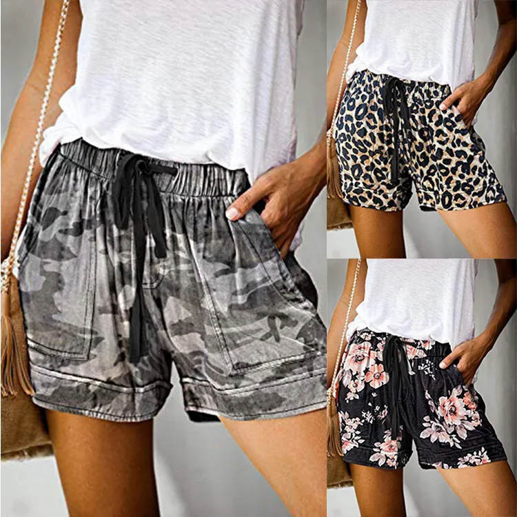 Women Summer Casual Camouflage Leopard Solid Color High Waist Shorts