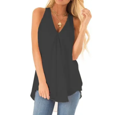 Women Summer Loose Sleeveless Solid Color Chiffon V Neck Tank Top