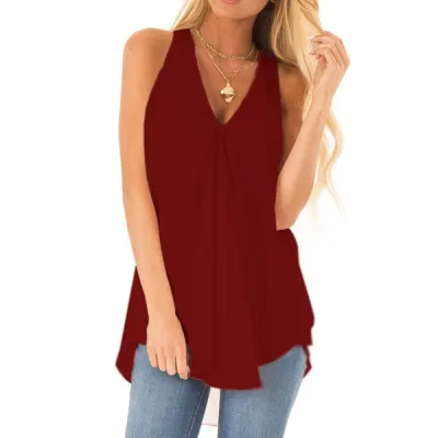 Women Summer Loose Sleeveless Solid Color Chiffon V Neck Tank Top